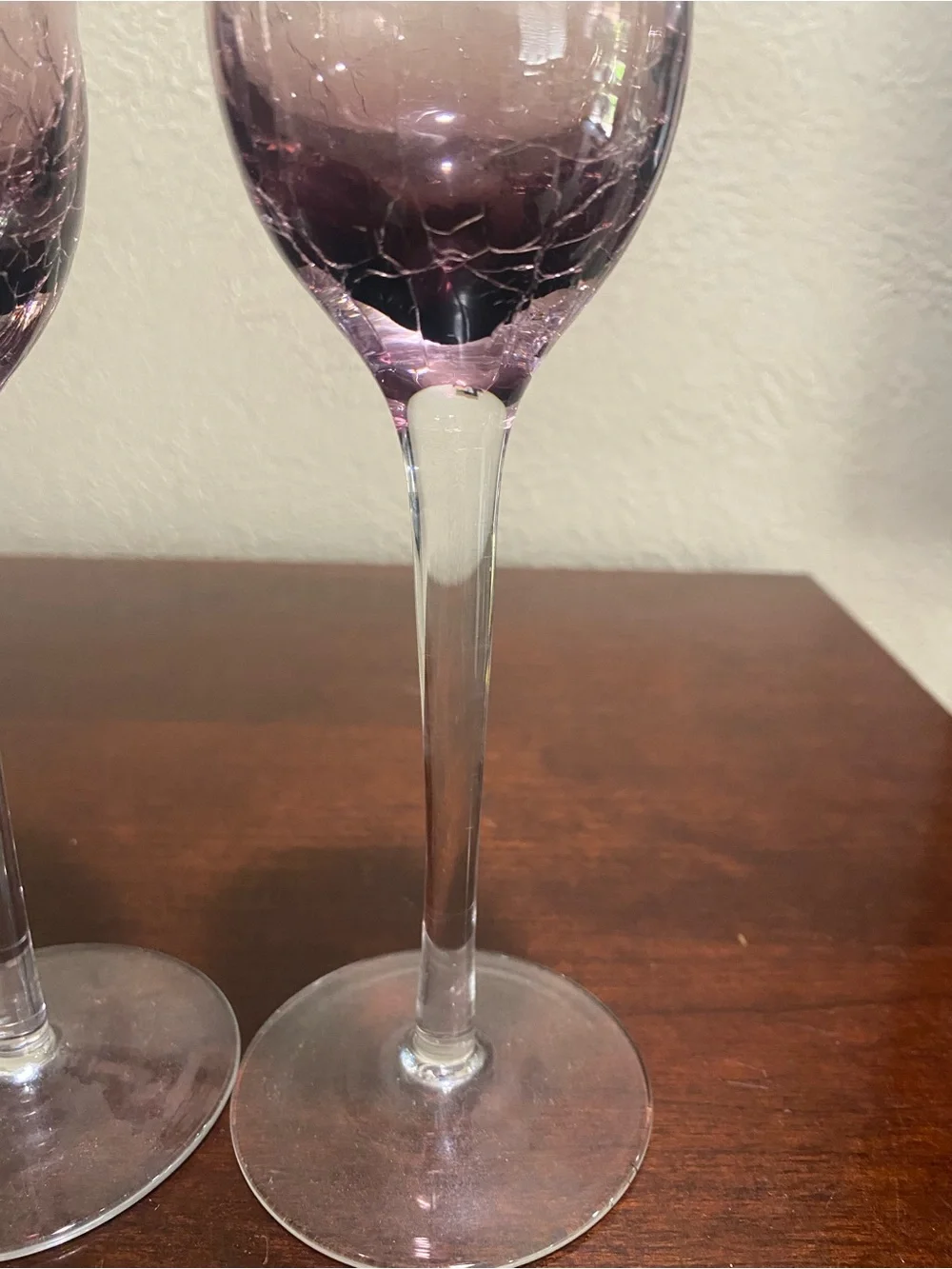 Discontinued, Set of 2, Pier 1, Handblown Purple Crackle Champagne Flutes